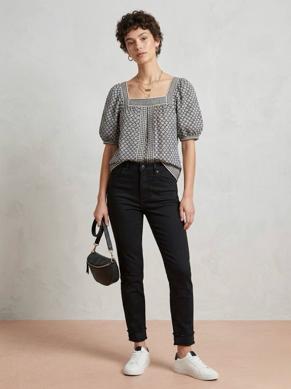 Max Studio London Geometric Puff Sleeve Top Square Neck Cotton Blend Boho XS NWT